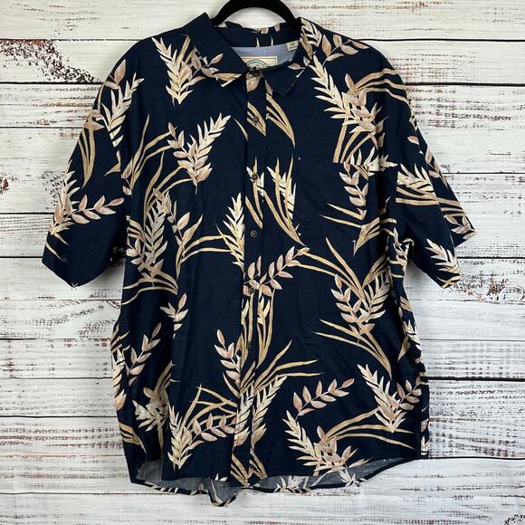 Men's Seapointe Navy Tan Tropical Hawaiian Cotton Short Sleeve Button Up Sz XXL - Picture 1 of 9